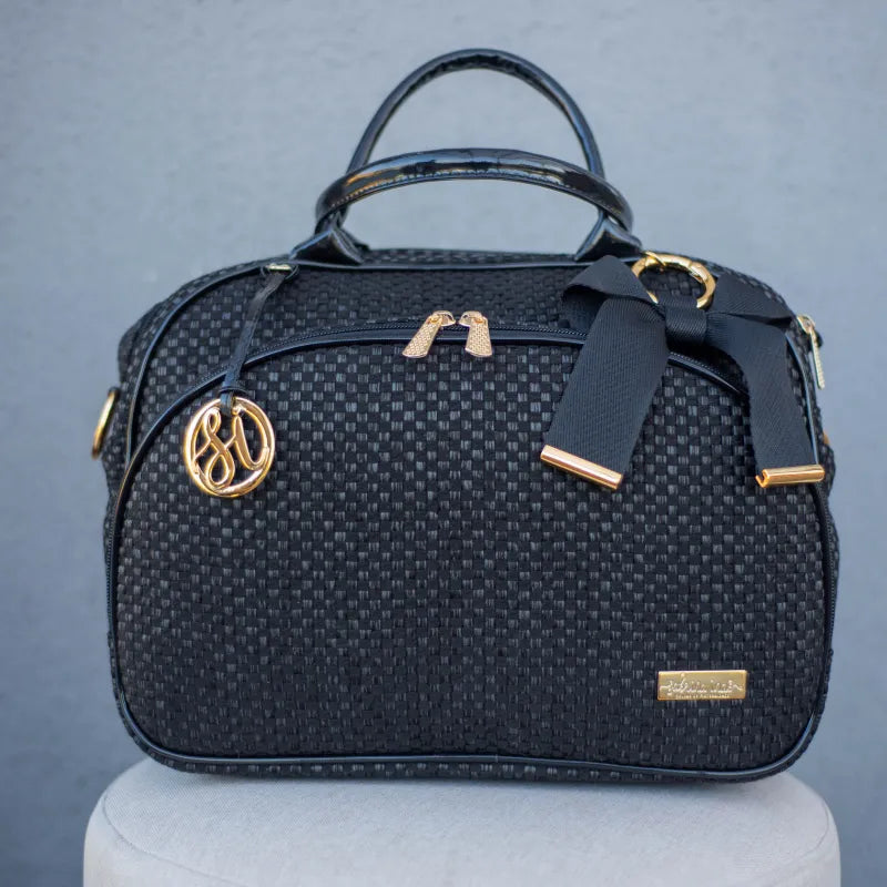 Bolsa da Mamãe - Palha Preta com Detalhes em Couro Verniz - Imagem 2
