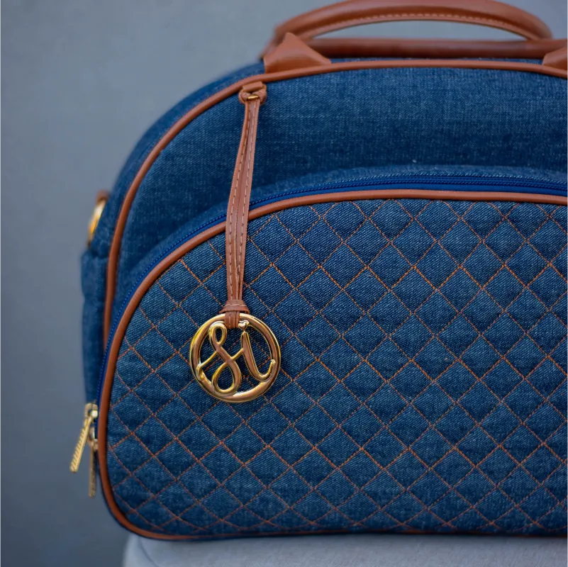 Bolsa da Mamãe - Jeans Azul Marinho com Detalhes em Couro Caramelo - Imagem 2