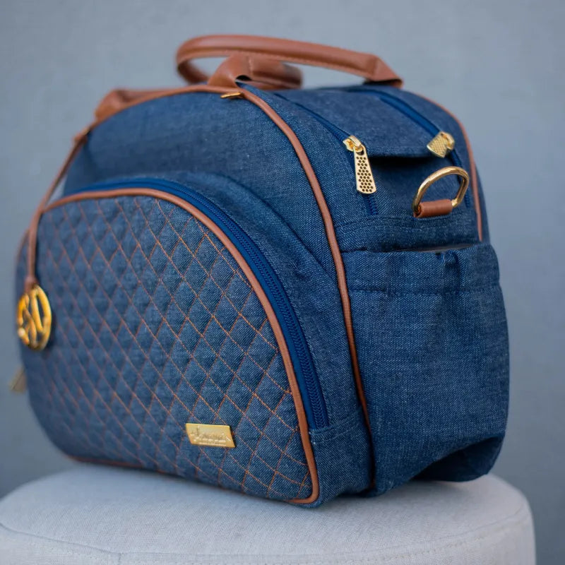 Bolsa da Mamãe - Jeans Azul Marinho com Detalhes em Couro Caramelo - Imagem 3
