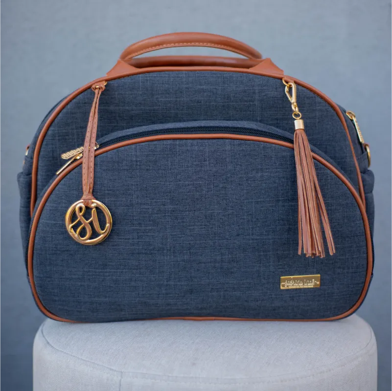 Bolsa da Mamãe - Linho Preto com Detalhes em Couro Caramelo - Imagem 2