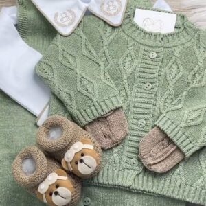 Saída De Maternidade Masculina Bebê Tricô Caio 7 Peças - ACOMPANHA BODY PERSONALIZADO Verde Maré