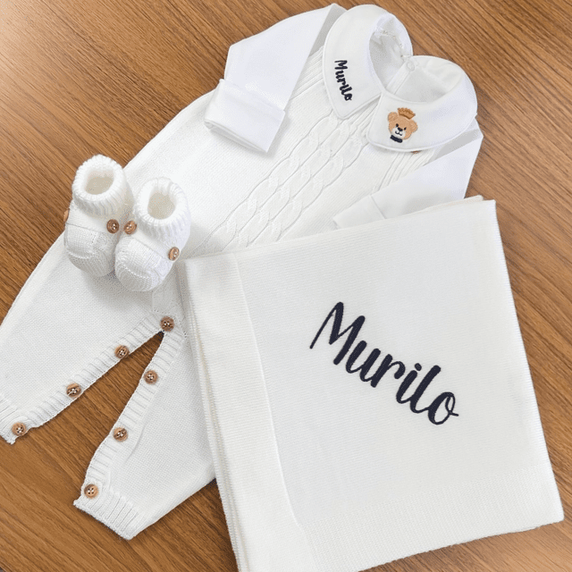 Saída De Maternidade Masculina Bebê Tricô Branco - Imagem 2