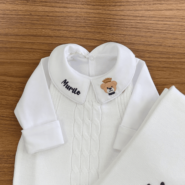 Saída De Maternidade Masculina Bebê Tricô Branco - Imagem 3