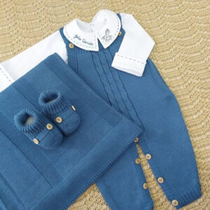 Saída De Maternidade Masculina Bebê Tricô Caio 7 Peças - ACOMPANHA BODY PERSONALIZADO À MÃO Azul Jeans