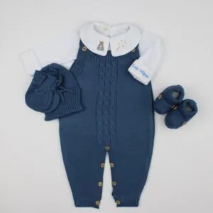 Saída De Maternidade Masculina Bebê Tricô Azul Jeans